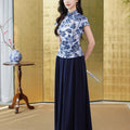 navy blue|pleated long skirt（炽缇）