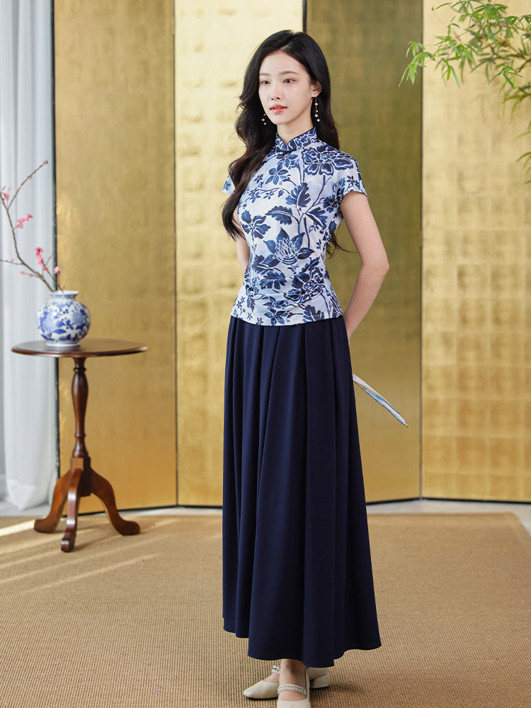 navy blue|pleated long skirt（炽缇）