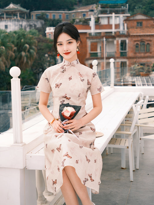 Warm Apricot Round-Collar A-Line | Qipao Dress(蝶戏)