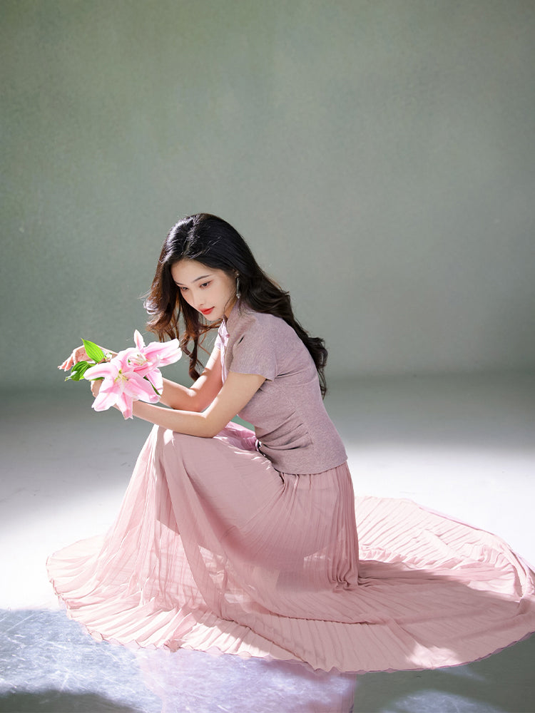 Light and airy simulated silk pleated half-skirt（翩羽）