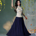 navy blue|pleated long skirt（炽缇）