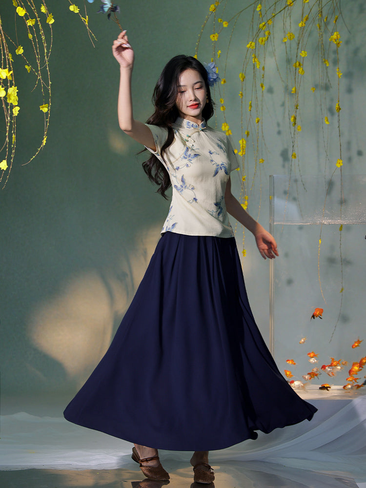 navy blue|pleated long skirt（炽缇）