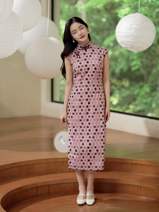Botanical-dyed geometric prints  | Modern one-Pieces Qipao Dress（念辞）