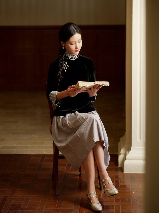 Vintage-Inspired Republic Era Schoolgirl Dress  | Velvet Cheongsam Top（徽茵）