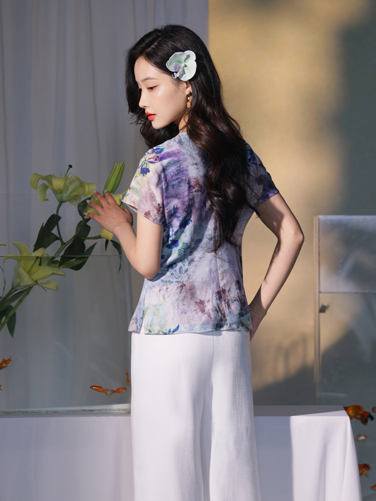 Blue, purple and orange coloring|Modern one-Pieces Qipao top（叶栀）