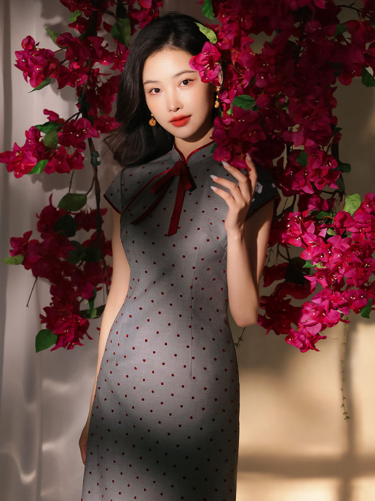 Dusk Grey with Red Polka Dots | Modern one-Pieces Qipao Dress(佳音)