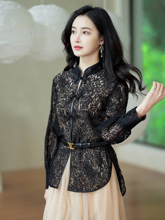 Black Ink-Inspired Lace | Mandarin Collar Blouse（青城）