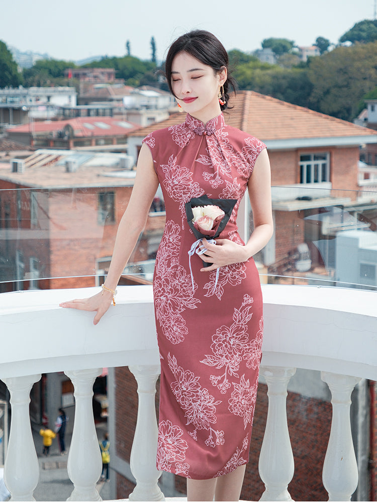 Leather Pink|Modern one-Pieces Qipao Dress（相思子）