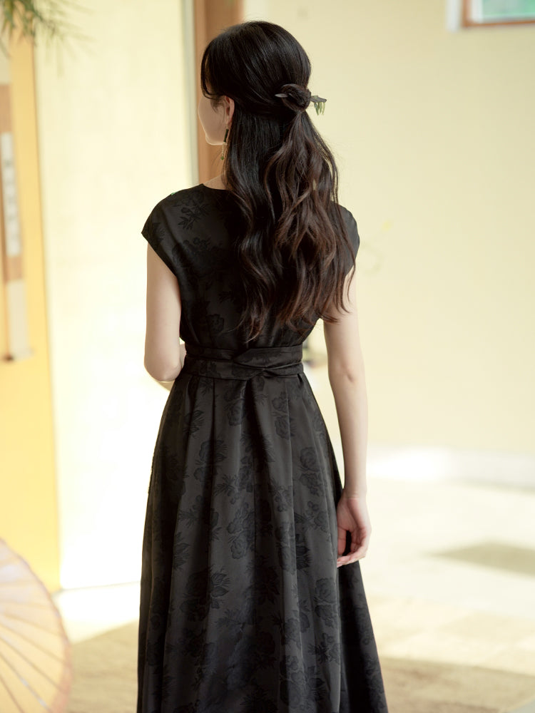 Ink and Black Embroidered Jacquard | Waist-Cinched Neo-Chinese Dresses (竹灵)