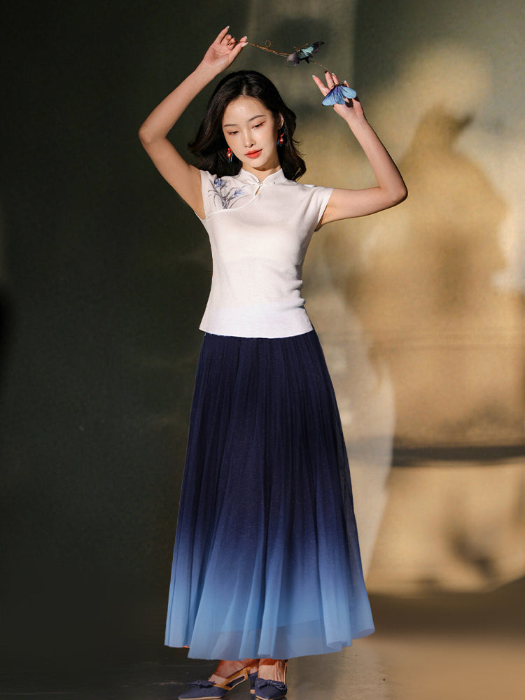 White|Orchid Embroidery Modern one-Pieces Qipao blouse（令娴）