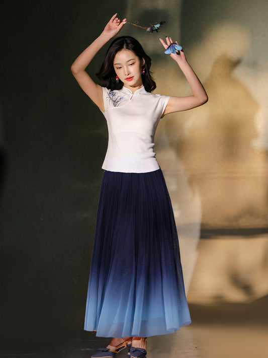 White|Orchid Embroidery Modern one-Pieces Qipao blouse（令娴）