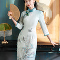 Sky-Blue Printed Chiffon | Modern one-Pieces Qipao Dress（梦烟雨）