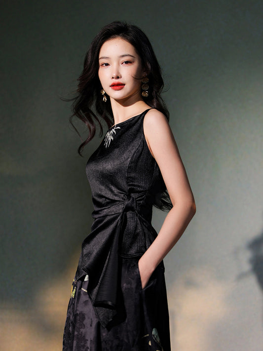 ink Black Silk Embroidered  | Sleeveless Camisole（墨莞）
