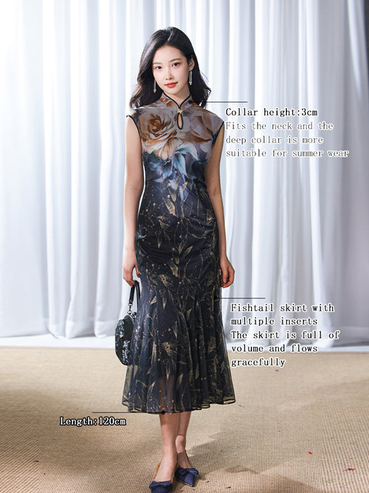 Rose print pattern|Gold-thread embroidered mermaid skirt（亦玫）