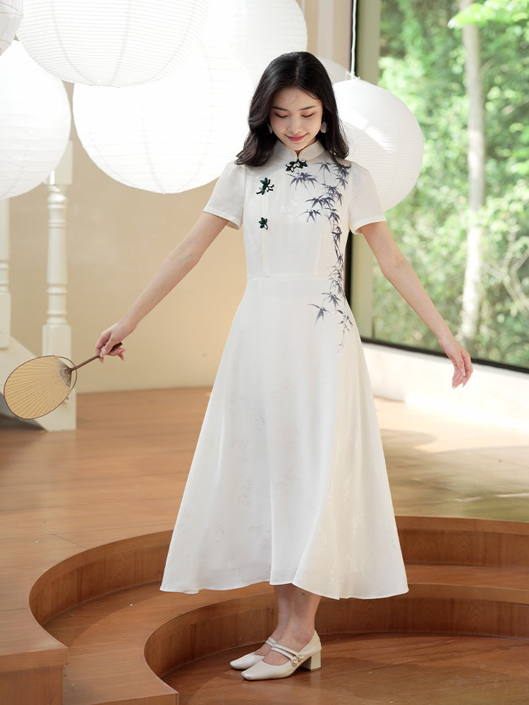 Ivory White Hand-Painted Bamboo | Neo-Chinese Dress（君竹）