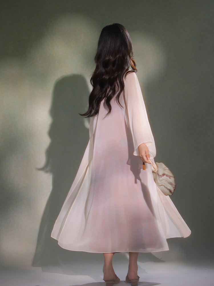 Pale Pink Silk Embroidered | Hanfu-Style Long Draped Cardigan (菲芸)