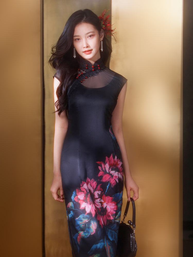 Black Ground with Floral Motifs | Modern one-Pieces Qipao Dress（晚俪）