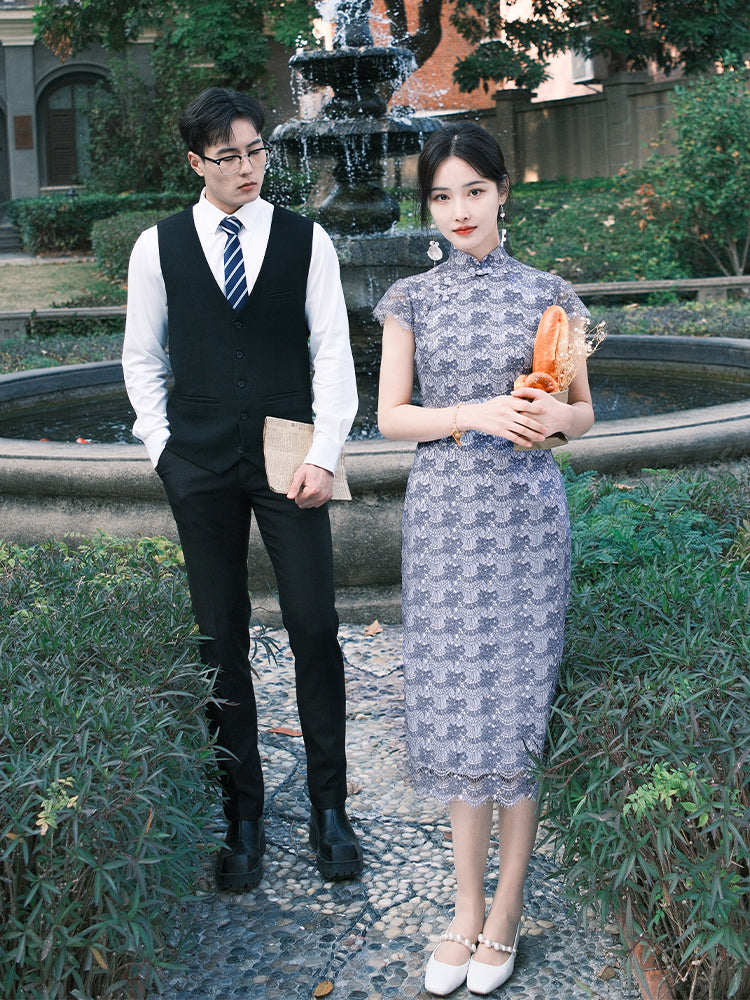 Dusty Blue Elastic Lace | Modern one-Pieces Qipao Dress（兰若）