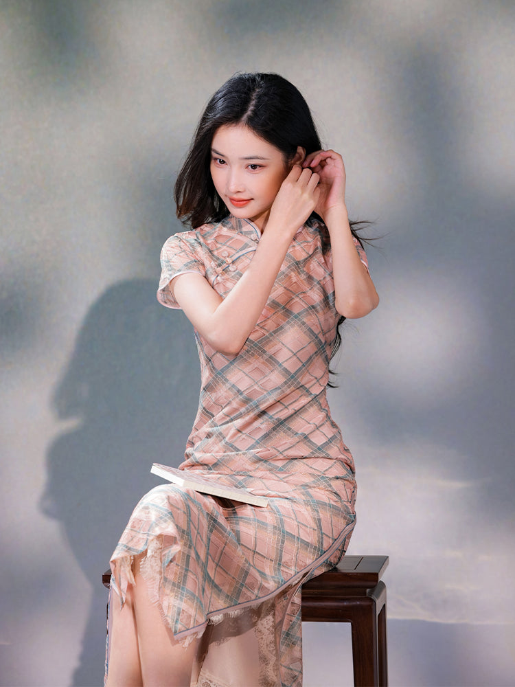Navy blue Geometric Lattice  | Modern one-Pieces Qipao Dress（若檬）
