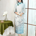 Sky-Blue Printed Chiffon | Modern one-Pieces Qipao Dress（梦烟雨）