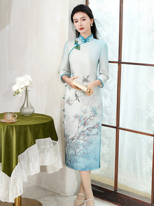 Sky-Blue Printed Chiffon | Modern one-Pieces Qipao Dress（梦烟雨）