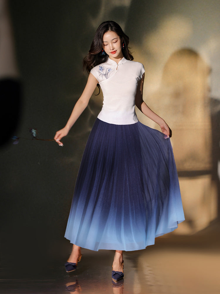 White|Orchid Embroidery Modern one-Pieces Qipao blouse（令娴）