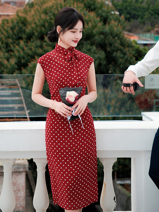 dark red polka dot|Modern one-Pieces Qipao Dress（舒萌）