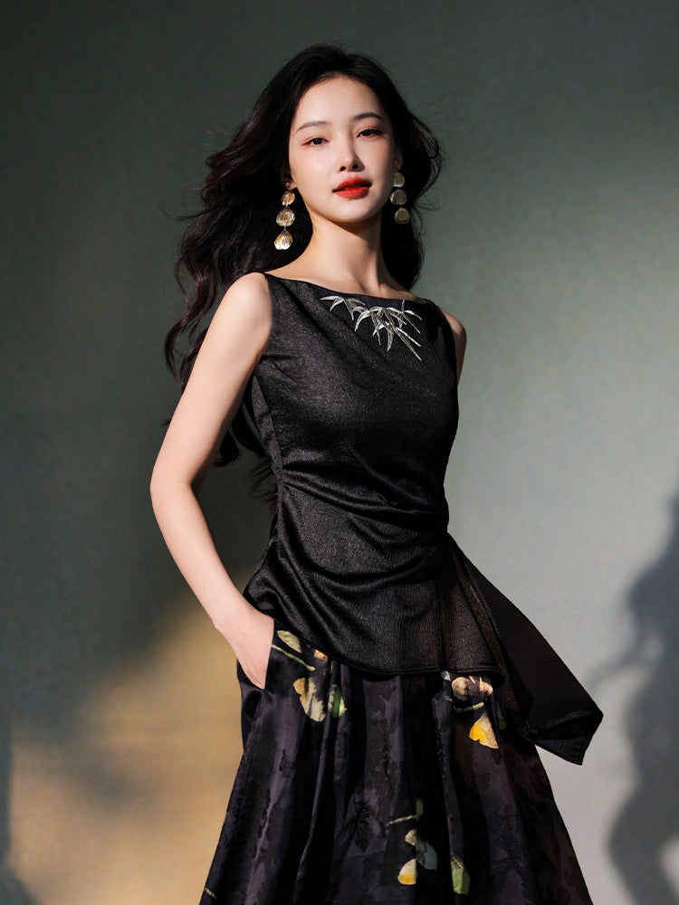 ink Black Silk Embroidered  | Sleeveless Camisole（墨莞）