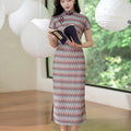 A beige base color with zigzag stripes in red, blue and brown|Modern one-Pieces Qipao Dress（倾黛）