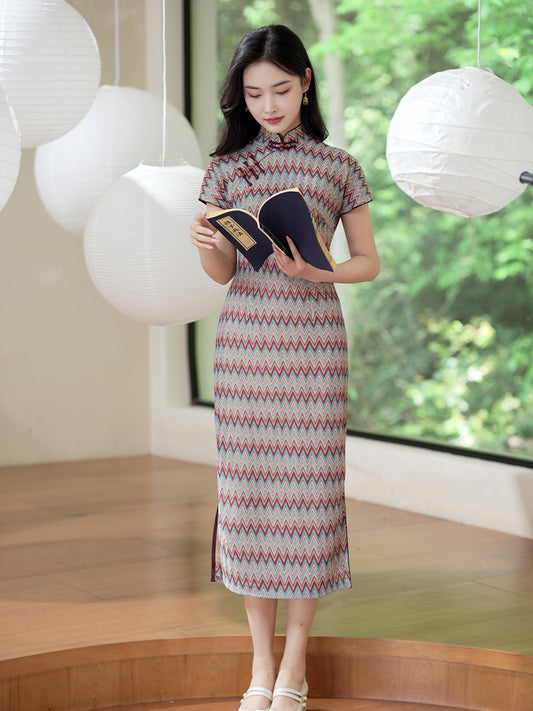 A beige base color with zigzag stripes in red, blue and brown|Modern one-Pieces Qipao Dress（倾黛）