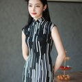 black and white stripes|Modern one-Pieces Qipao Dress（香嵩）