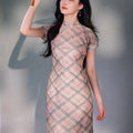 Navy blue Geometric Lattice  | Modern one-Pieces Qipao Dress（若檬）