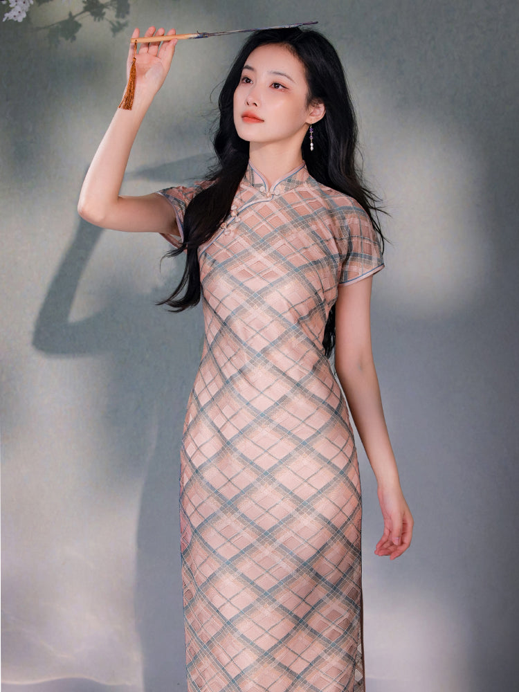 Navy blue Geometric Lattice  | Modern one-Pieces Qipao Dress（若檬）
