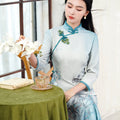 Sky-Blue Printed Chiffon | Modern one-Pieces Qipao Dress（梦烟雨）
