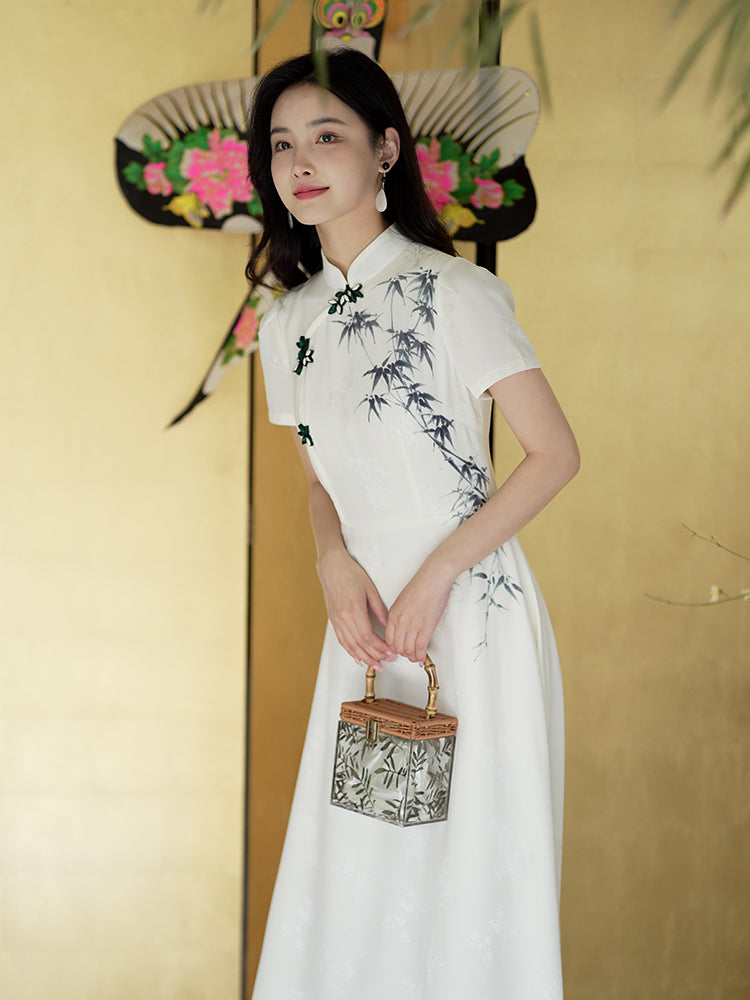Ivory White Hand-Painted Bamboo | Neo-Chinese Dress（君竹）