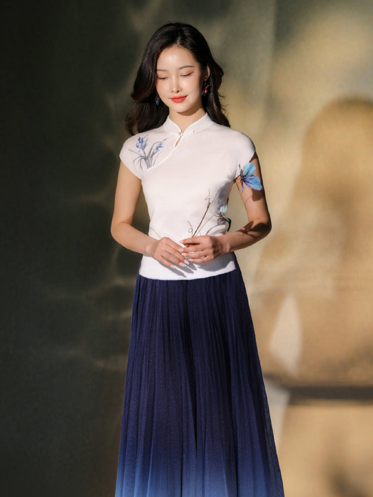 White|Orchid Embroidery Modern one-Pieces Qipao blouse（令娴）