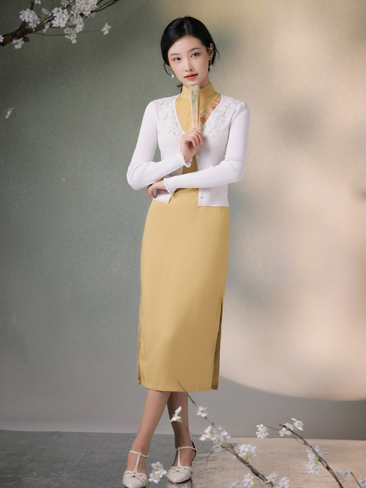 Goose Yellow   | Embroidered Knit Qipao Cardigan（诺洳）