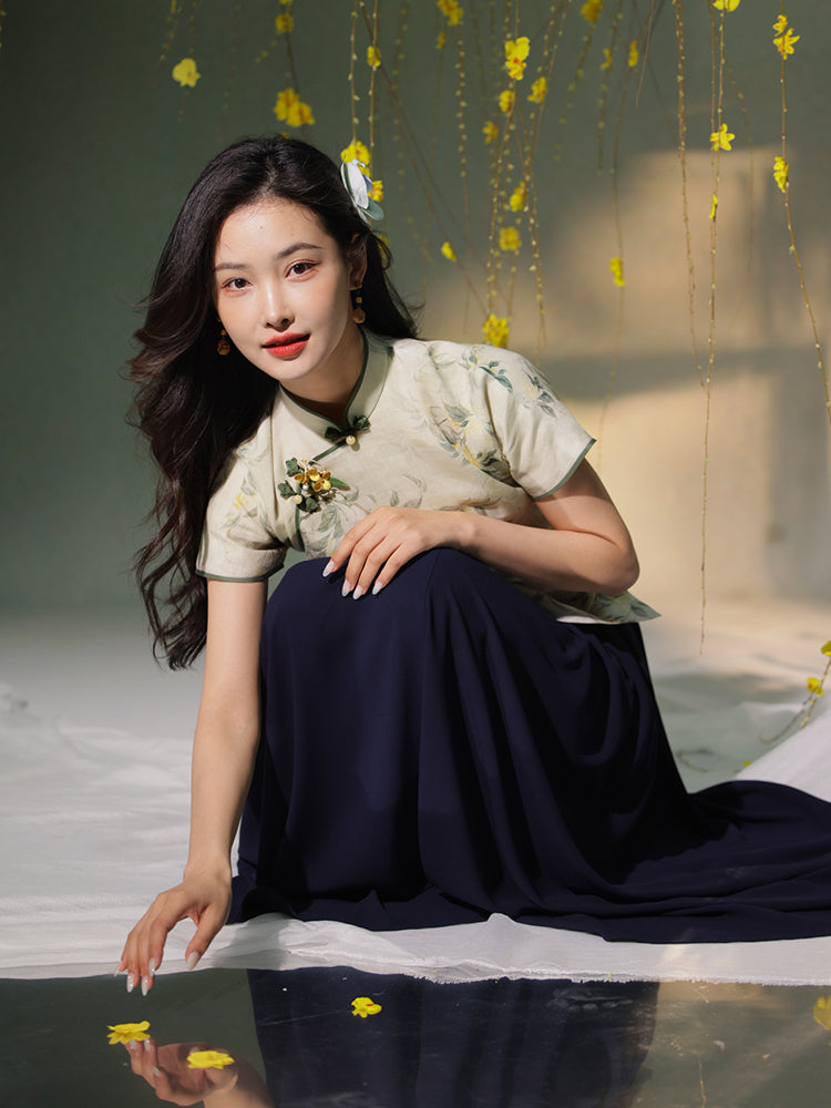 light green|Osmanthus Print Qipao top（沁寒）