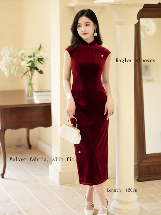 Deep Wine Crushed Velvet| Modern one-Pieces Qipao Dress（静沐）