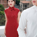 dark red polka dot|Modern one-Pieces Qipao Dress（舒萌）
