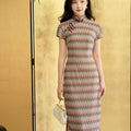 A beige base color with zigzag stripes in red, blue and brown|Modern one-Pieces Qipao Dress（倾黛）