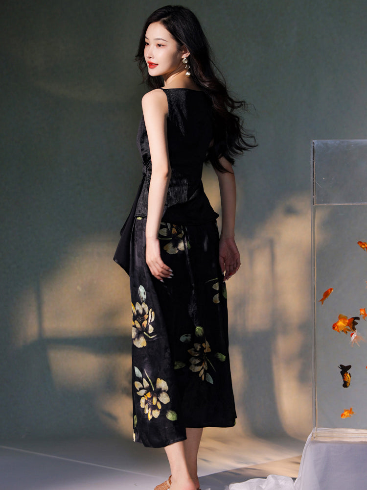 ink Black Silk Embroidered  | Sleeveless Camisole（墨莞）