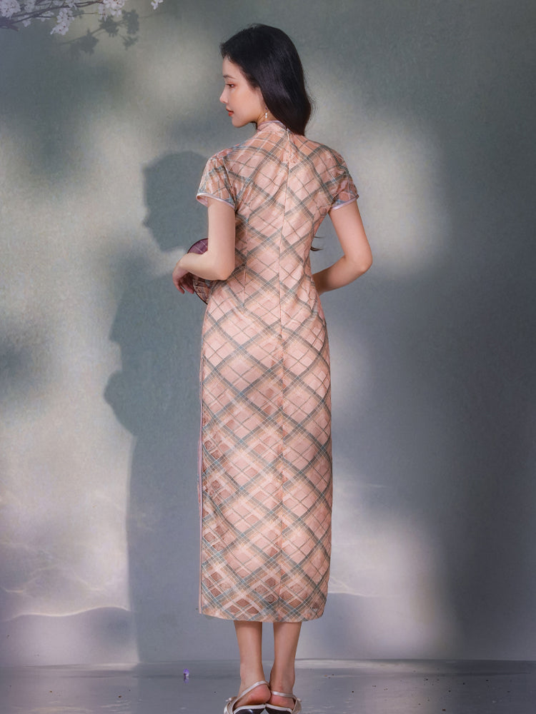 Navy blue Geometric Lattice  | Modern one-Pieces Qipao Dress（若檬）