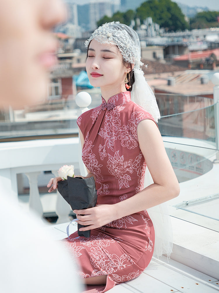 Leather Pink|Modern one-Pieces Qipao Dress（相思子）