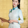 Sky-Blue Printed Chiffon | Modern one-Pieces Qipao Dress（梦烟雨）