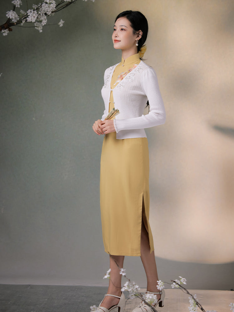 Goose Yellow   | Embroidered Knit Qipao Cardigan（诺洳）