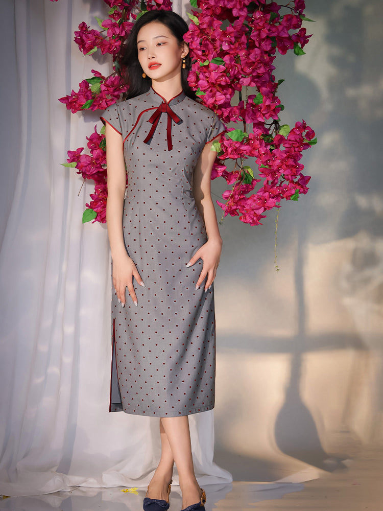 Dusk Grey with Red Polka Dots | Modern one-Pieces Qipao Dress(佳音)