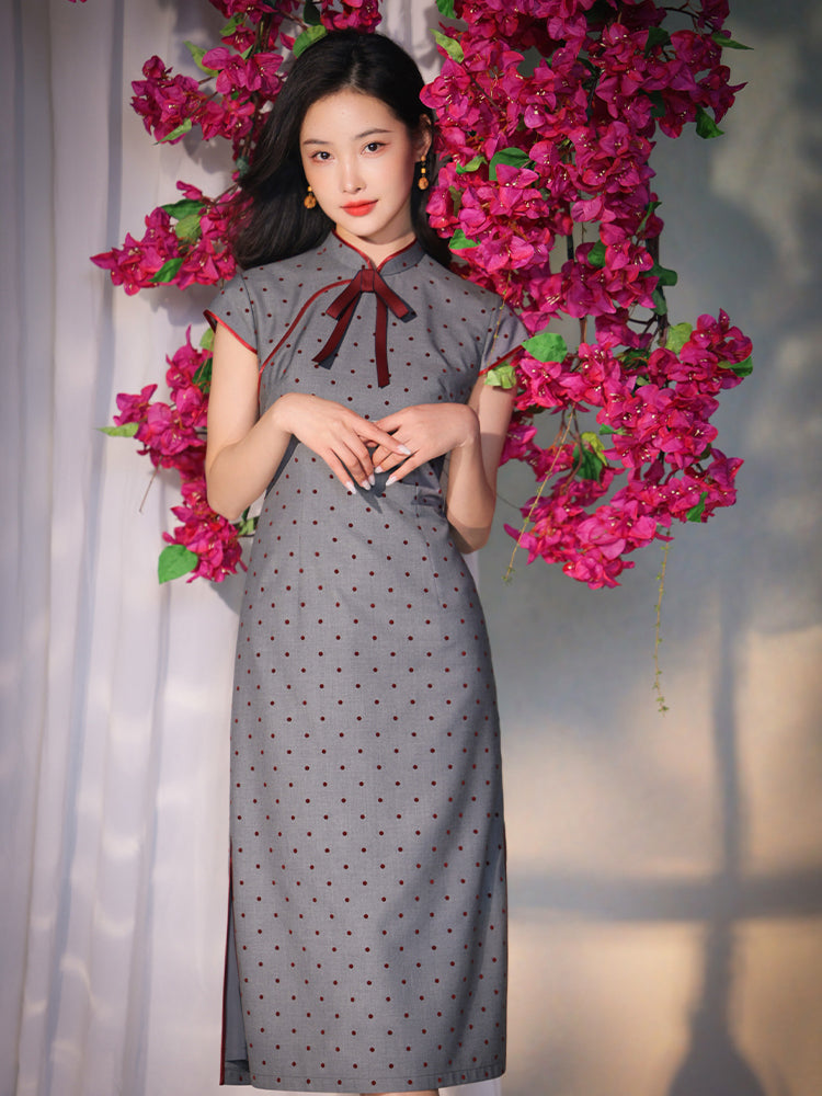 Dusk Grey with Red Polka Dots | Modern one-Pieces Qipao Dress(佳音)