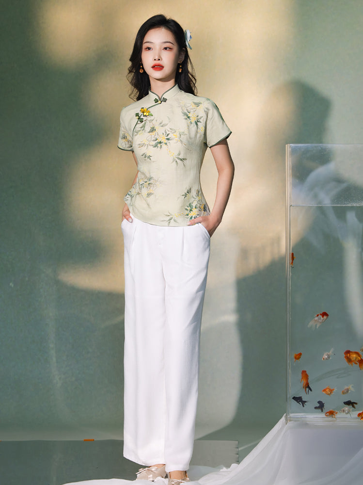 light green|Osmanthus Print Qipao top（沁寒）