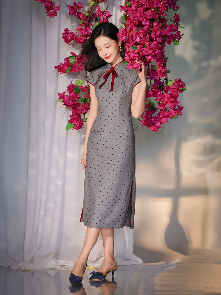 Dusk Grey with Red Polka Dots | Modern one-Pieces Qipao Dress(佳音)